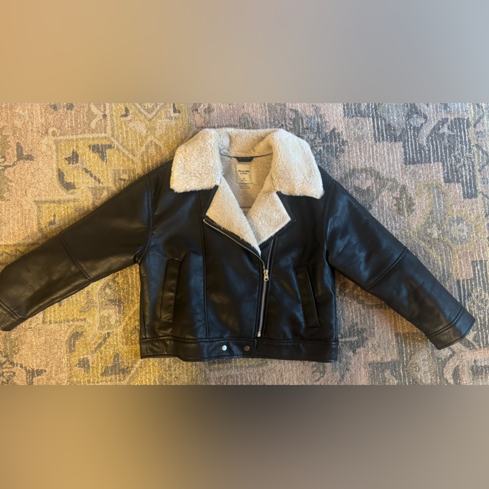 Shearling lined cropped faux leather moto jacket